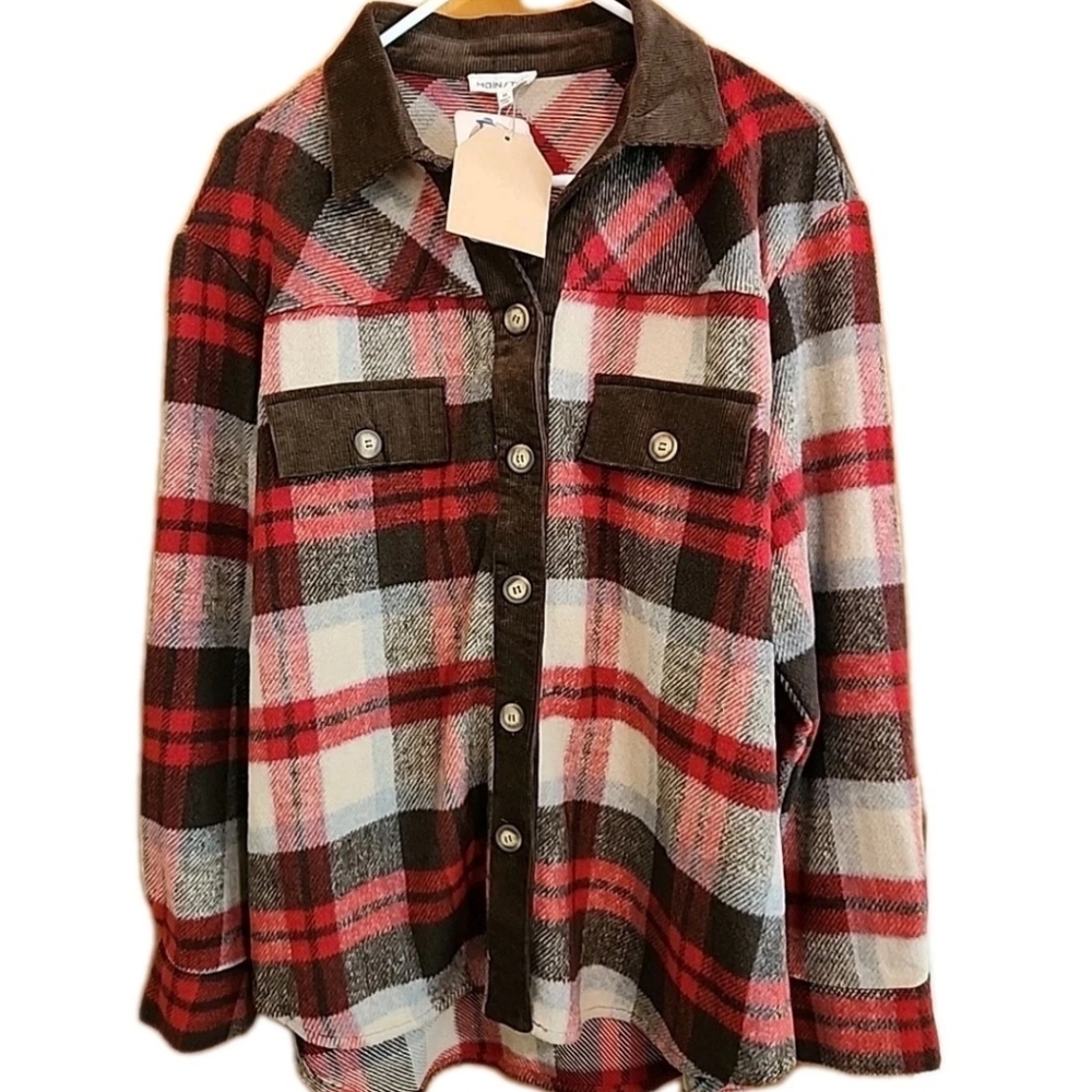 Main Strip Womens Flannel Shacket Jacket Plaid Corduroy Collar Western Plaid New